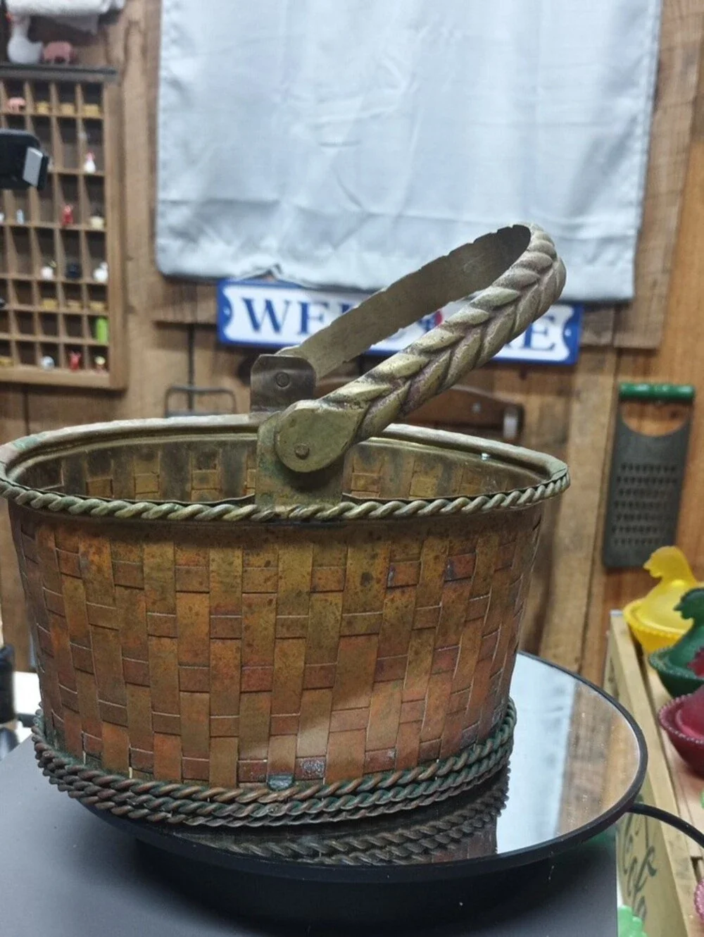 Antique-Style Brass Woven Handle Basket - Vintage Brass